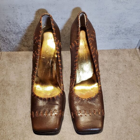 Dolce & Gabbana Vintage Y2K 90s Quiet Luxury Brown Leather Square Toe Heels 39 - Picture 2 of 16